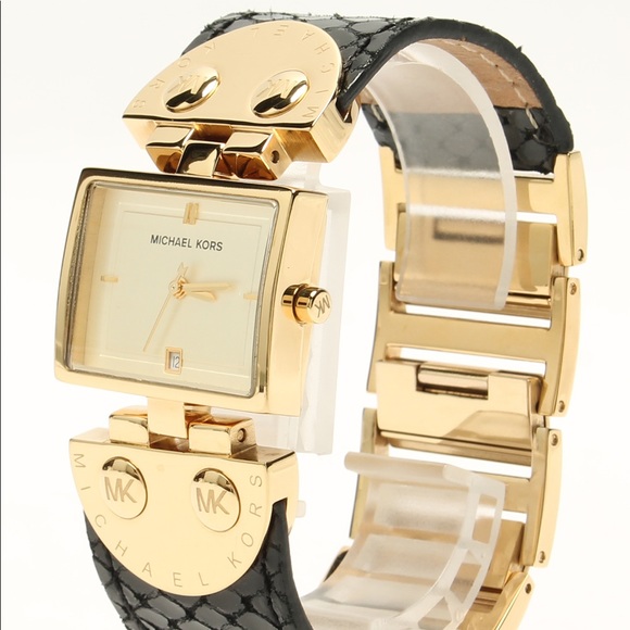Michael Kors Accessories - Michael Kors Gold Tone Black Leather Watch MK2113